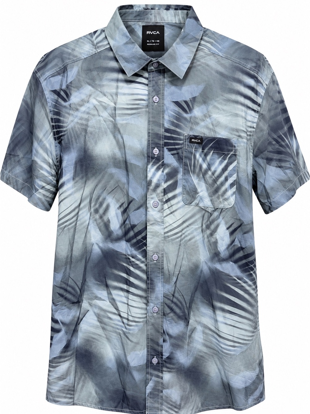 RVCA Men's Gray-Blue Palm Leaf Short Sleeve Button-Up Shirt
